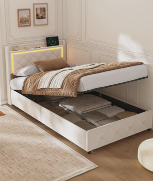 Modern Eenpersoons Bed 90x200cm met LED, USB en Opbergruimte