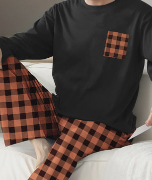 Heren Pyjama Set: Comfortabele Lange Mouwen & Ruitjes Broek voor Herfst/Winter