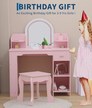 Prinsessenkaptafel met Verlichte Spiegel en Krukje - Kinder Make-up Tafel met Opbergruimte