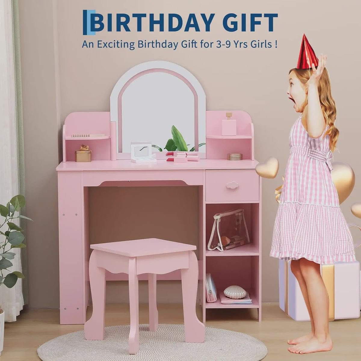 Prinsessenkaptafel met Verlichte Spiegel en Krukje - Kinder Make-up Tafel met Opbergruimte