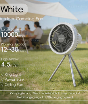 Draagbare Camping Ventilator met 10000mAh Batterij, LED Verlichting & Powerbank Functie