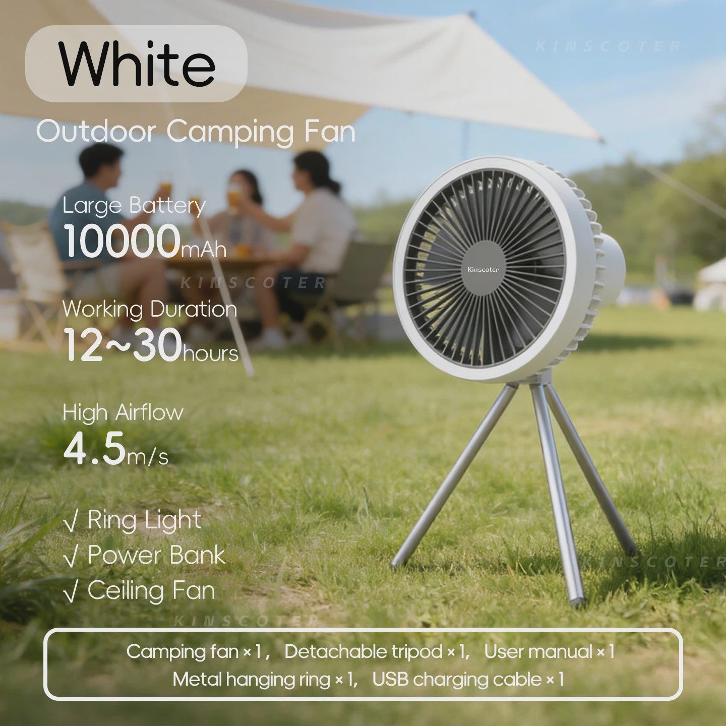 Draagbare Camping Ventilator met 10000mAh Batterij, LED Verlichting & Powerbank Functie