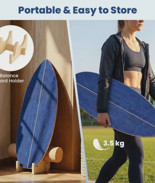 Houten Balance Board Trainer met Kurken Roller & Opbergrek - Blauw