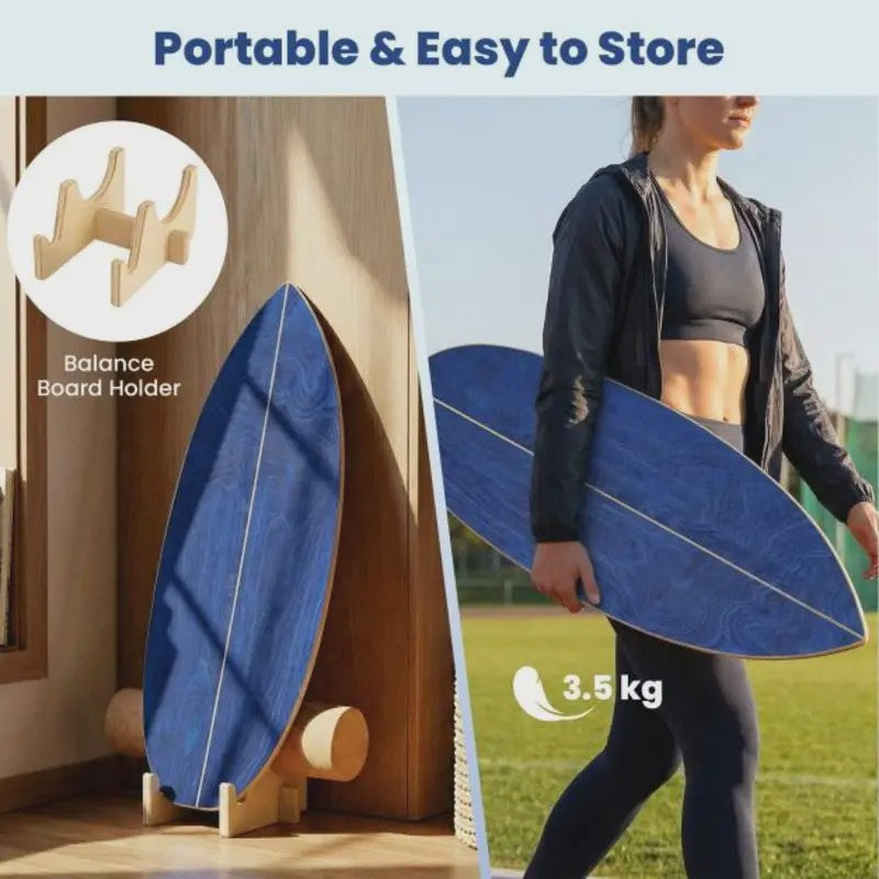 Houten Balance Board Trainer met Kurken Roller & Opbergrek - Blauw