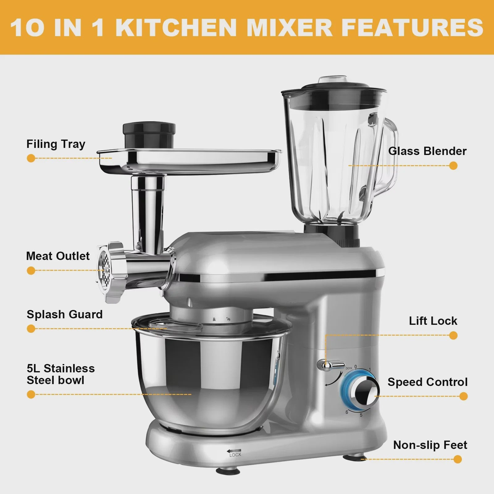 Krachtige 1900W Keukenmachine met 6L Kom: Mixer, Gehaktmolen & Blender