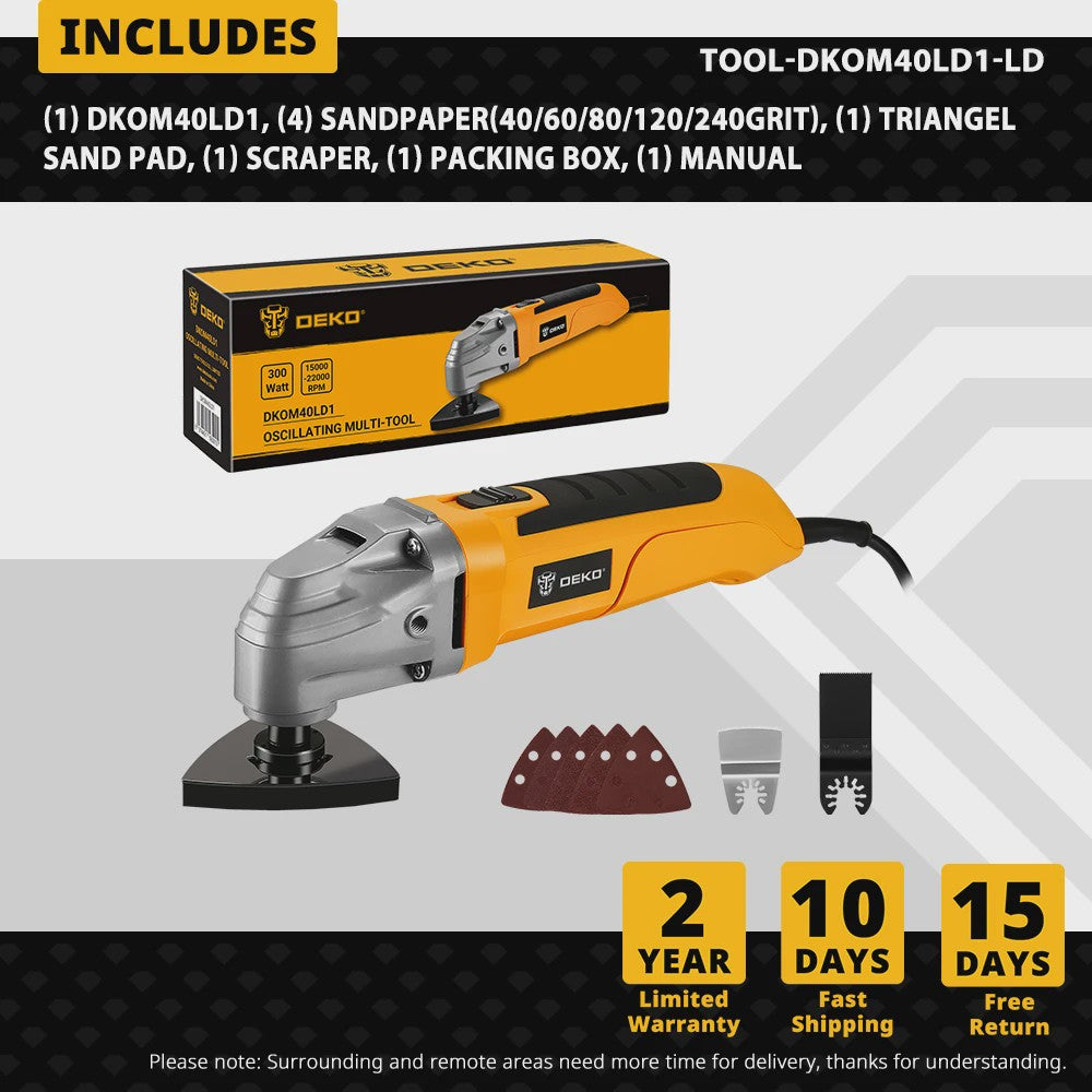 DEKO DKOM40LD1 Multifunctionele Oscillerende Tool - 300W, Variabele Snelheid voor Houtbewerking & DIY