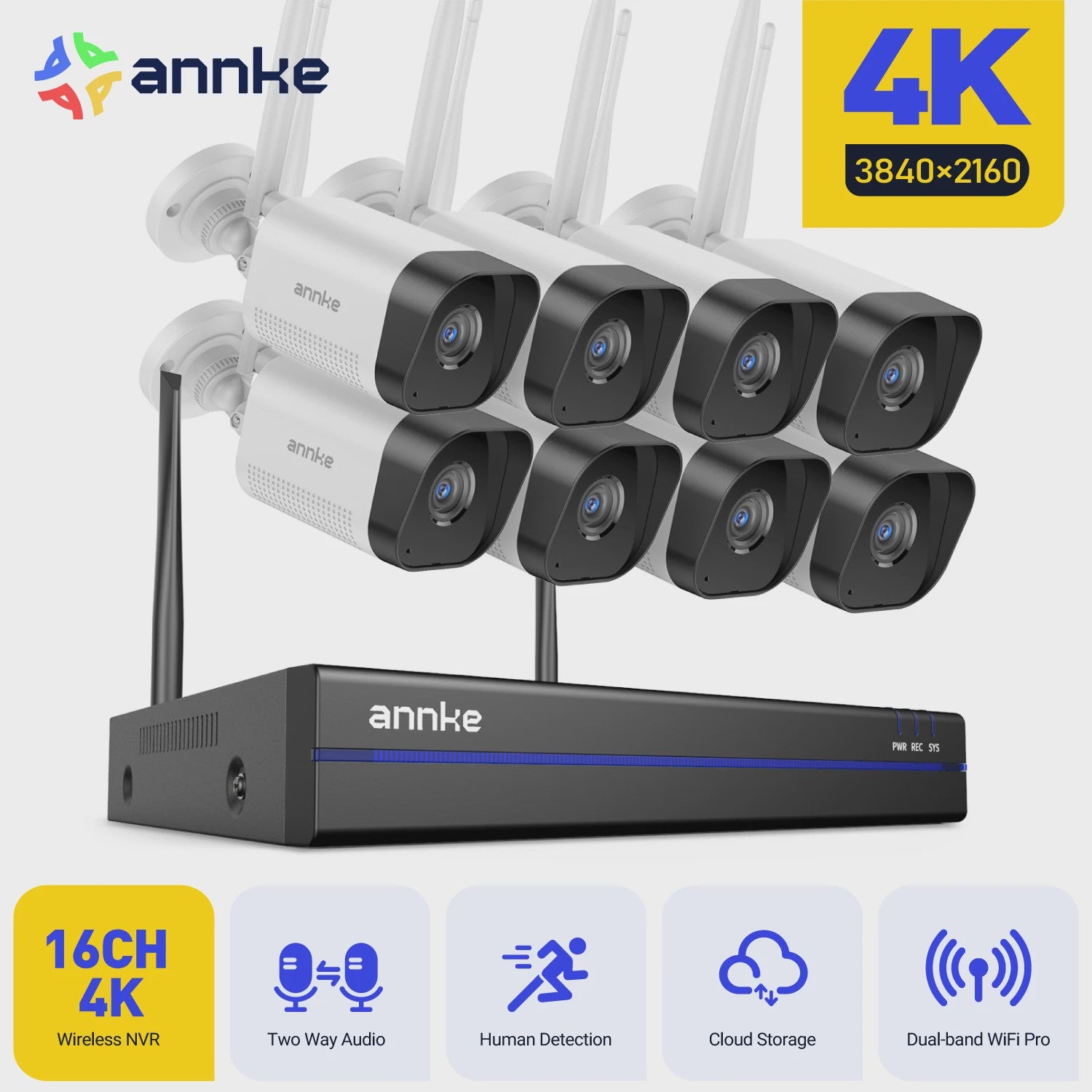 Annke 8MP Draadloos CCTV Systeem: 16-Kanaals NVR, 4K PoE WiFi Camera's met Tweeweg Audio