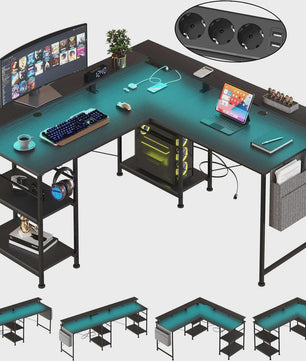 L-Vormig Bureau met RGB LED, USB & Stopcontacten - Grijze/Zwarte Gaming Werkplek
