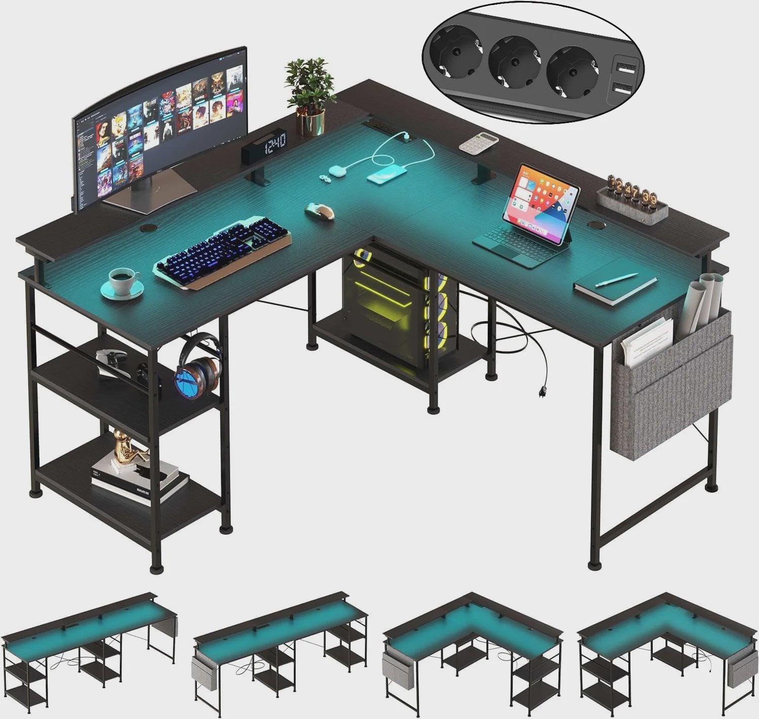 L-Vormig Bureau met RGB LED, USB & Stopcontacten - Grijze/Zwarte Gaming Werkplek