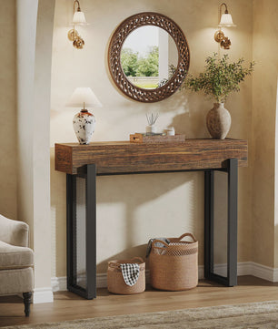 Industriële Houten Console Tafel met Opbergruimte en Metalen Mesh Poten - 104 cm
