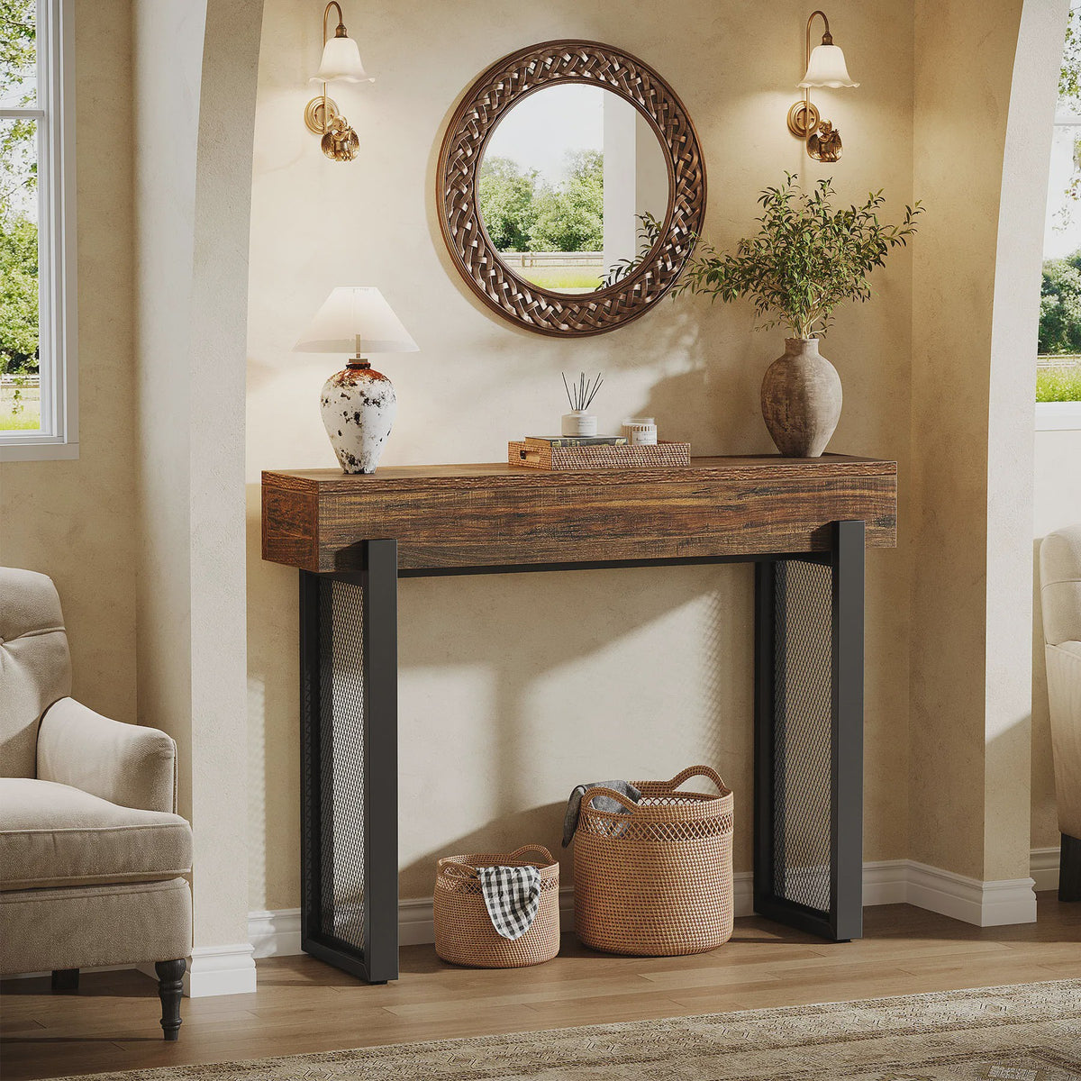 Industriële Houten Console Tafel met Opbergruimte en Metalen Mesh Poten - 104 cm