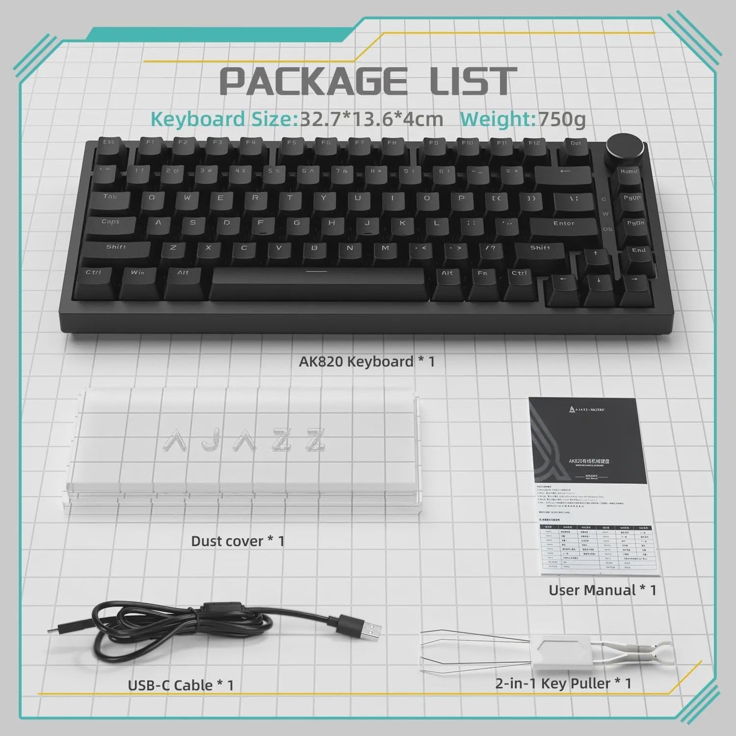 AJAZZ AK820 Mechanisch Gaming Toetsenbord 75% Layout met Volumeknop & RGB