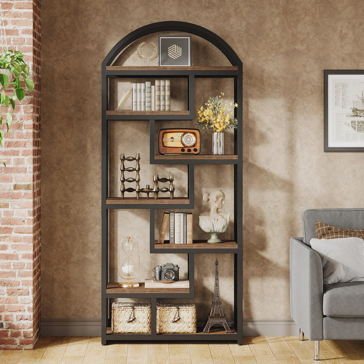 Industriële Boekenkast 180 cm Hoog - 7 Verdiepingen - Metaal & Hout - Open Opslag - Woonkamer & Kantoor