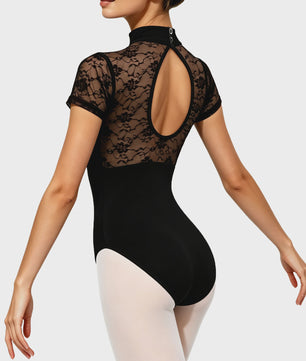Dames Ballet Leotard met Kant en Hoge Hals - Korte Mouwen & Holle Rug