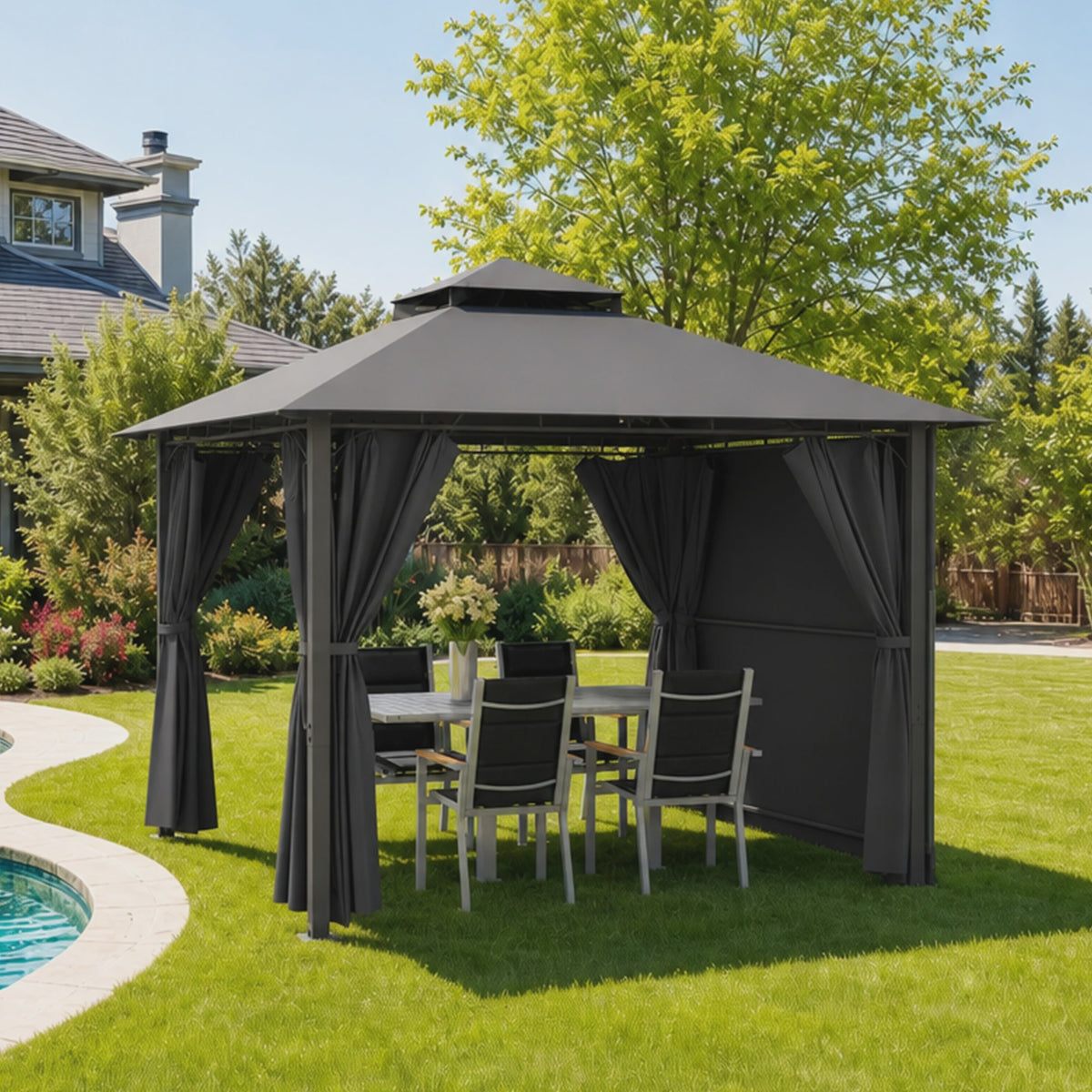 Luxe Tuinpaviljoen met Uitschuifbare Zijluifel, Dubbel Dak & Muggennet