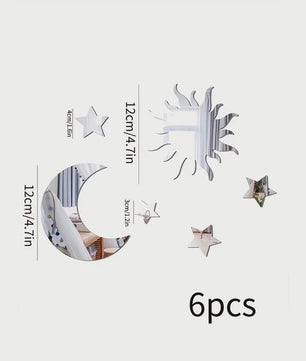 Set van 6 Spiegel Wandstickers: Zon, Maan & Sterren - Decoratieve Acryl Muurstickers