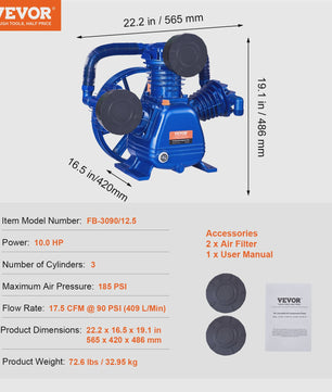 10PK 3-Cilinder Oliegesmeerde Compressor Pompkop - 90PSI, V-Type