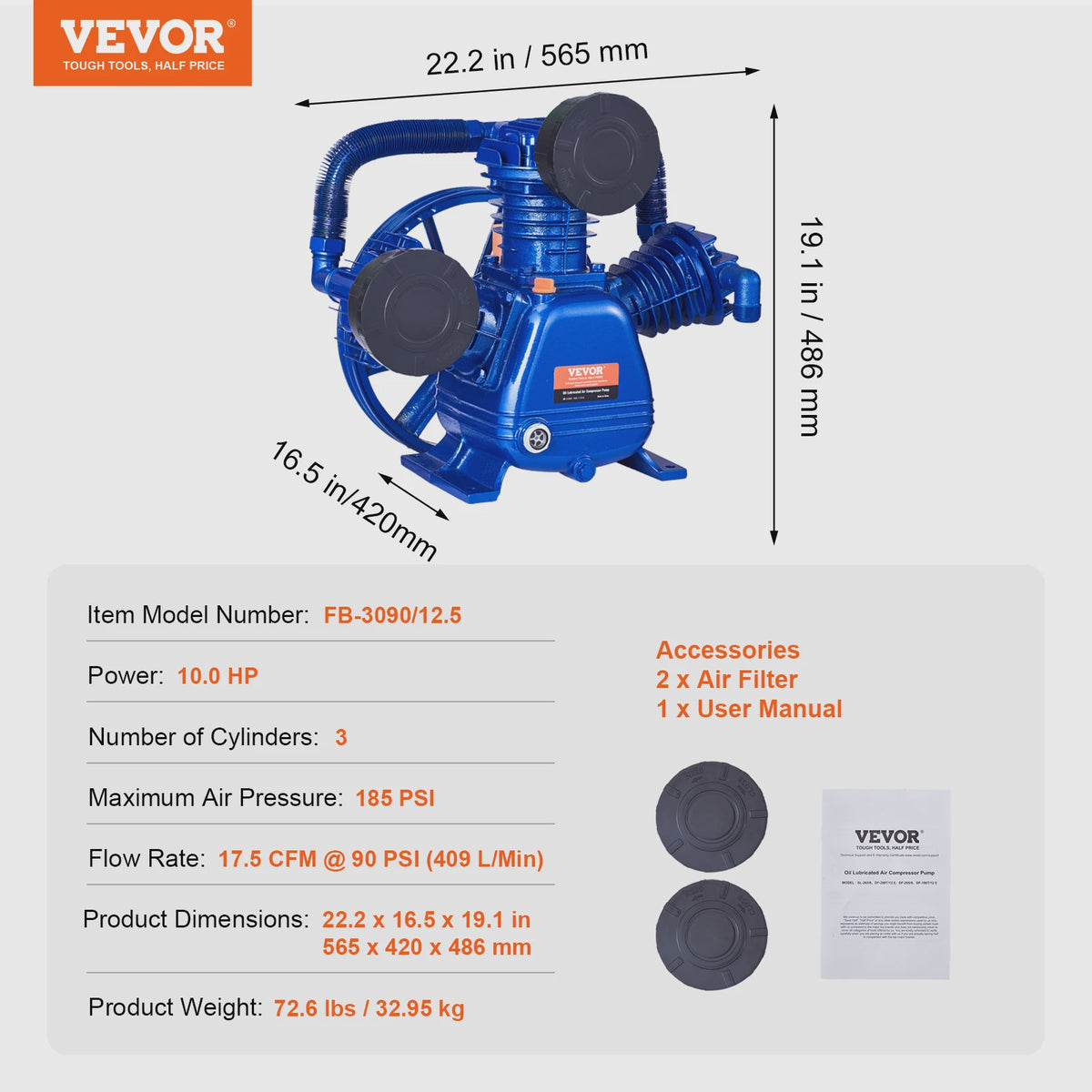 10PK 3-Cilinder Oliegesmeerde Compressor Pompkop - 90PSI, V-Type