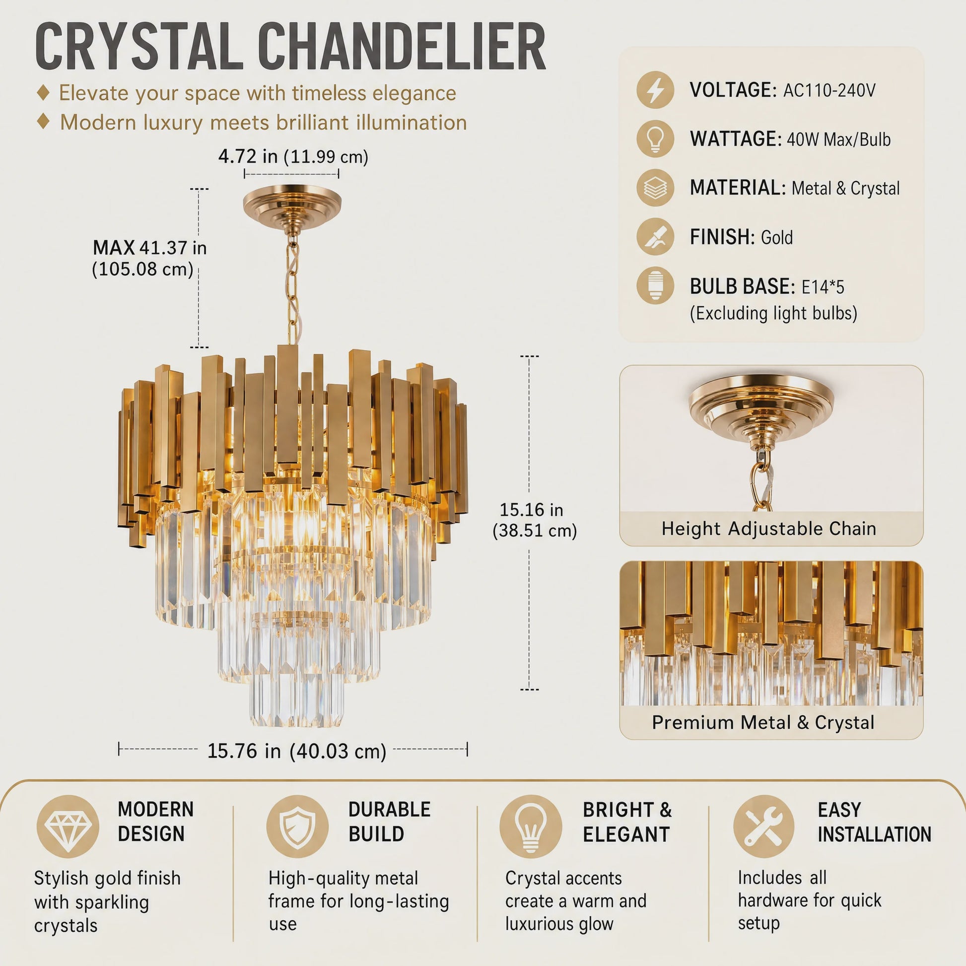 Moderne Gouden Kristallen Kroonluchter - Verstelbare Ketting, 3-Tier K9 Kristal Plafondlamp