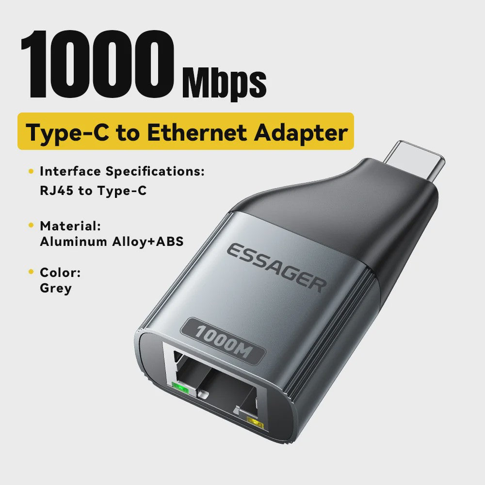 Essager Gigabit Type-C naar Ethernet Adapter 1000Mbps RJ45 Netwerkkaart