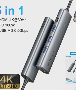 Vention 5-in-1 USB-C Hub: 4K@60Hz HDMI, 3x USB 3.0, PD 100W Docking Station