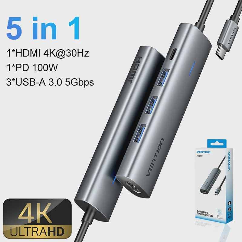 Vention 5-in-1 USB-C Hub: 4K@60Hz HDMI, 3x USB 3.0, PD 100W Docking Station