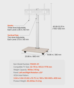 Mobiele TV Standaard met Wielen - Verrijdbaar TV Meubel voor Diverse TV Maten