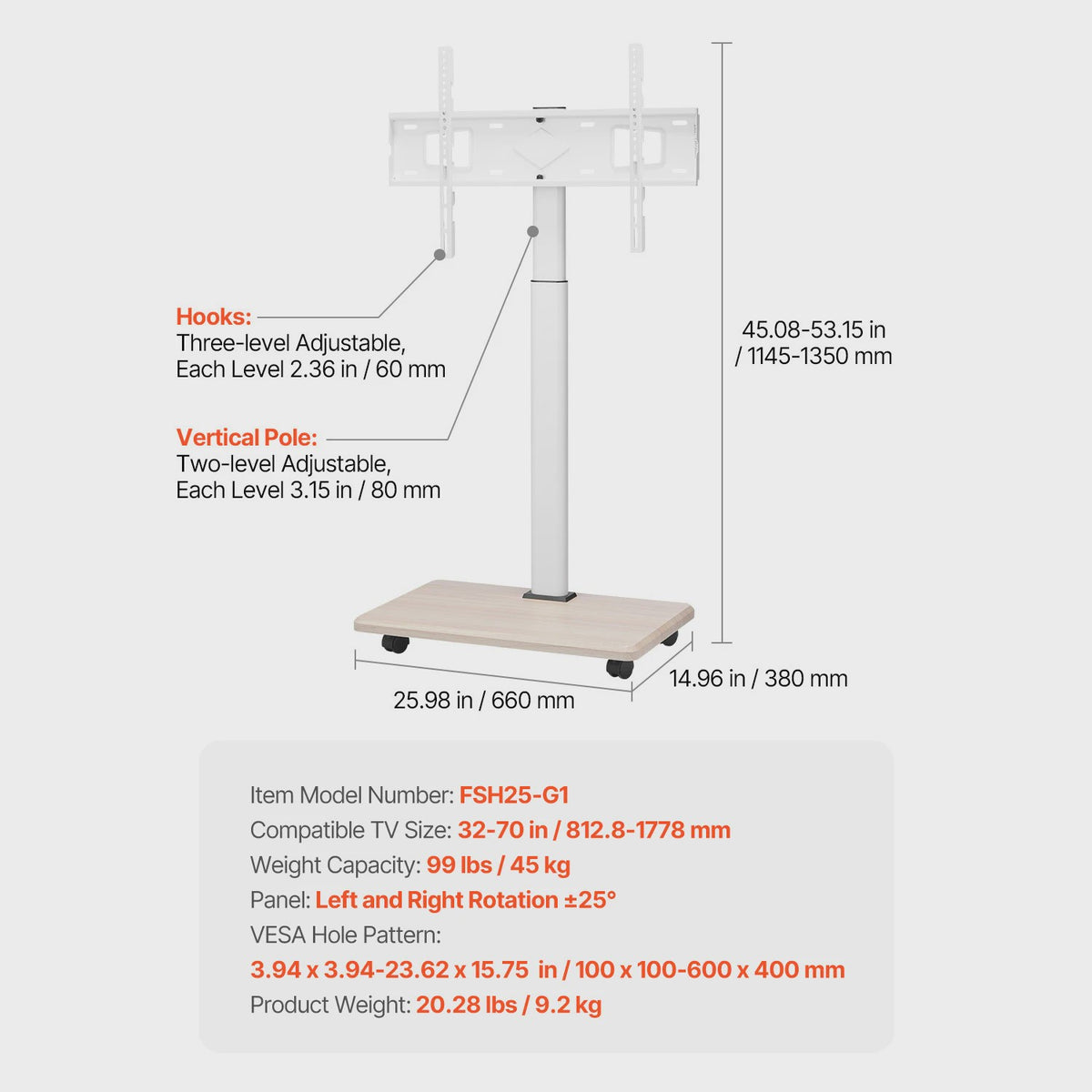 Mobiele TV Standaard met Wielen - Verrijdbaar TV Meubel voor Diverse TV Maten