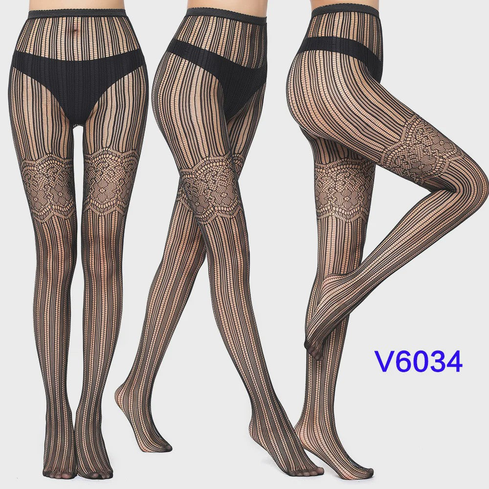 Dames Visnet Panty's met Jacquard Weefsel - Gothic Kant & Spider Net Stijl