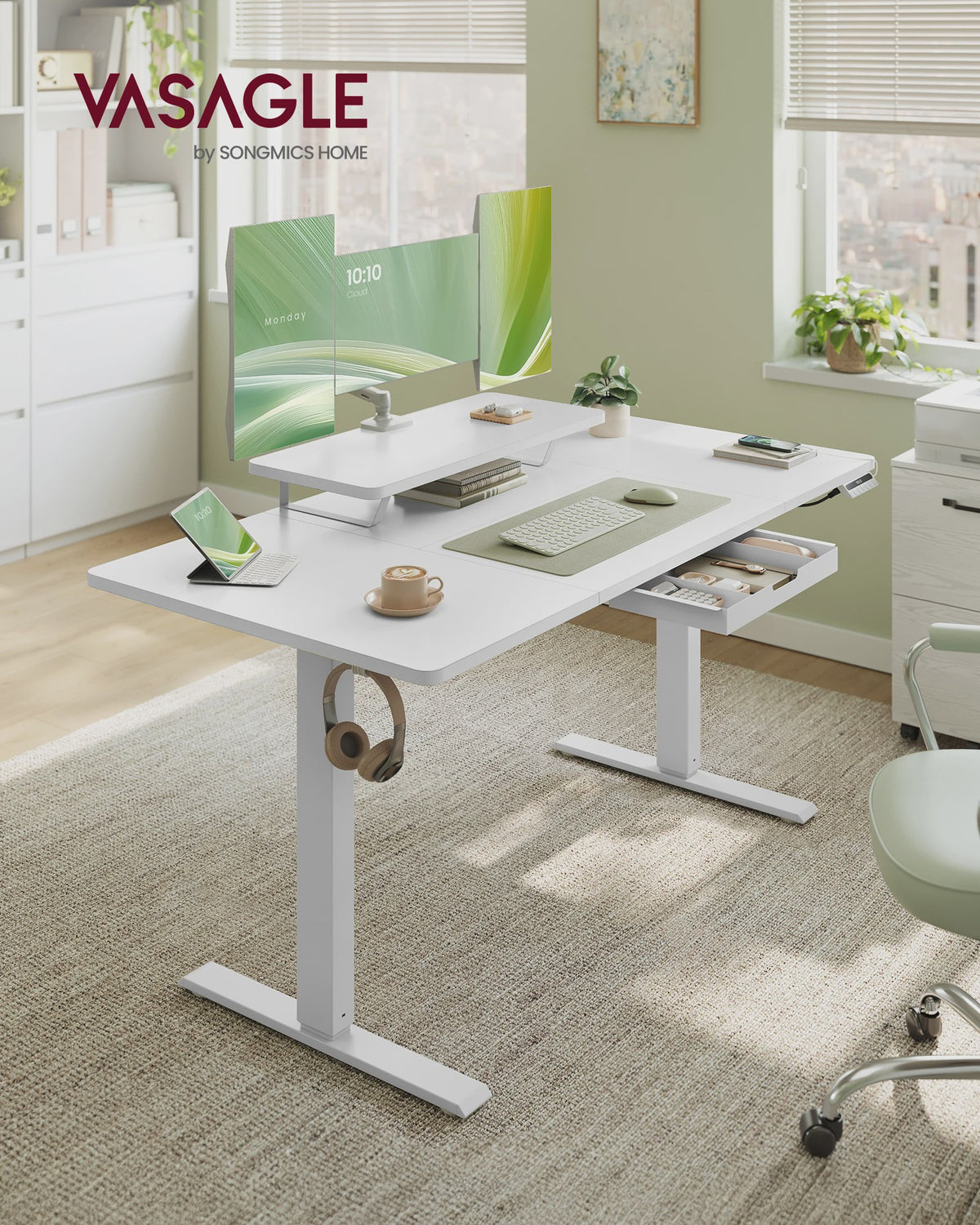 VASAGLE Elektrisch In hoogte Verstelbaar Bureau met Monitorverhoger en Lade - Ergonomisch Werken