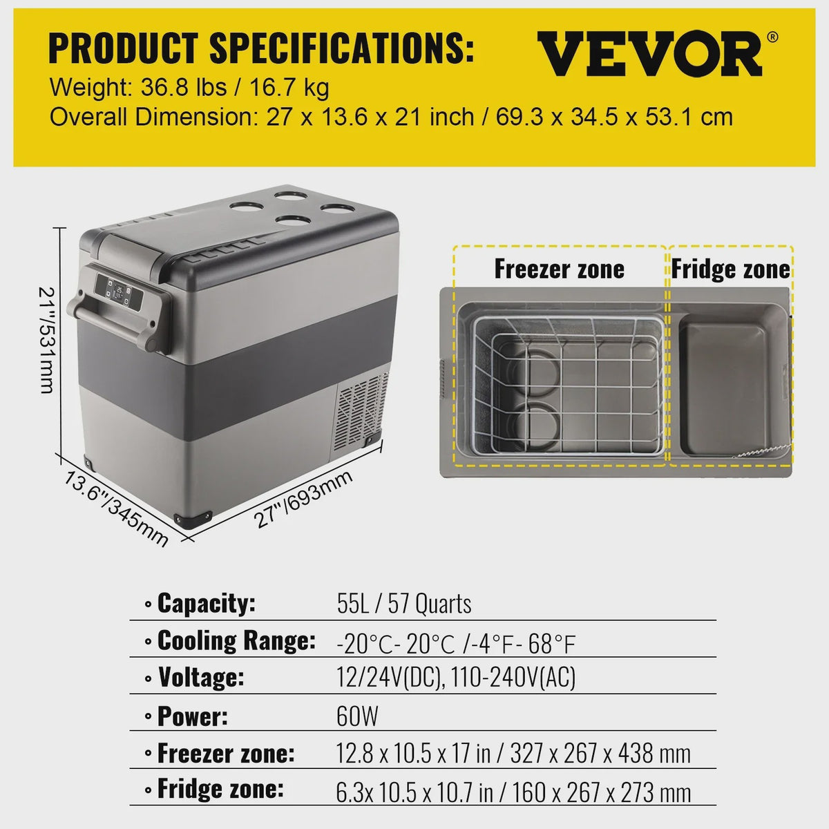 VEVOR Draagbare Vriezer/Koelkast 58 Qt (55L) - Auto, Boot, Outdoor - Snelkoelend