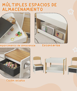 Kindertafel met 2 Stoelen en Whiteboard/Krijtbord - Inclusief Opbergruimte