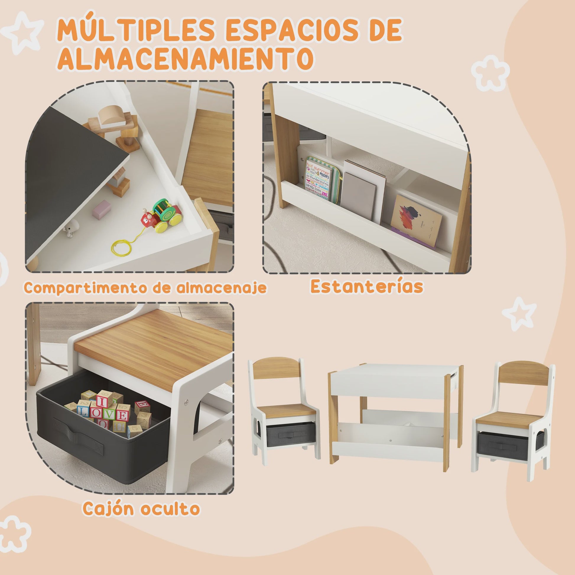 Kindertafel met 2 Stoelen en Whiteboard/Krijtbord - Inclusief Opbergruimte