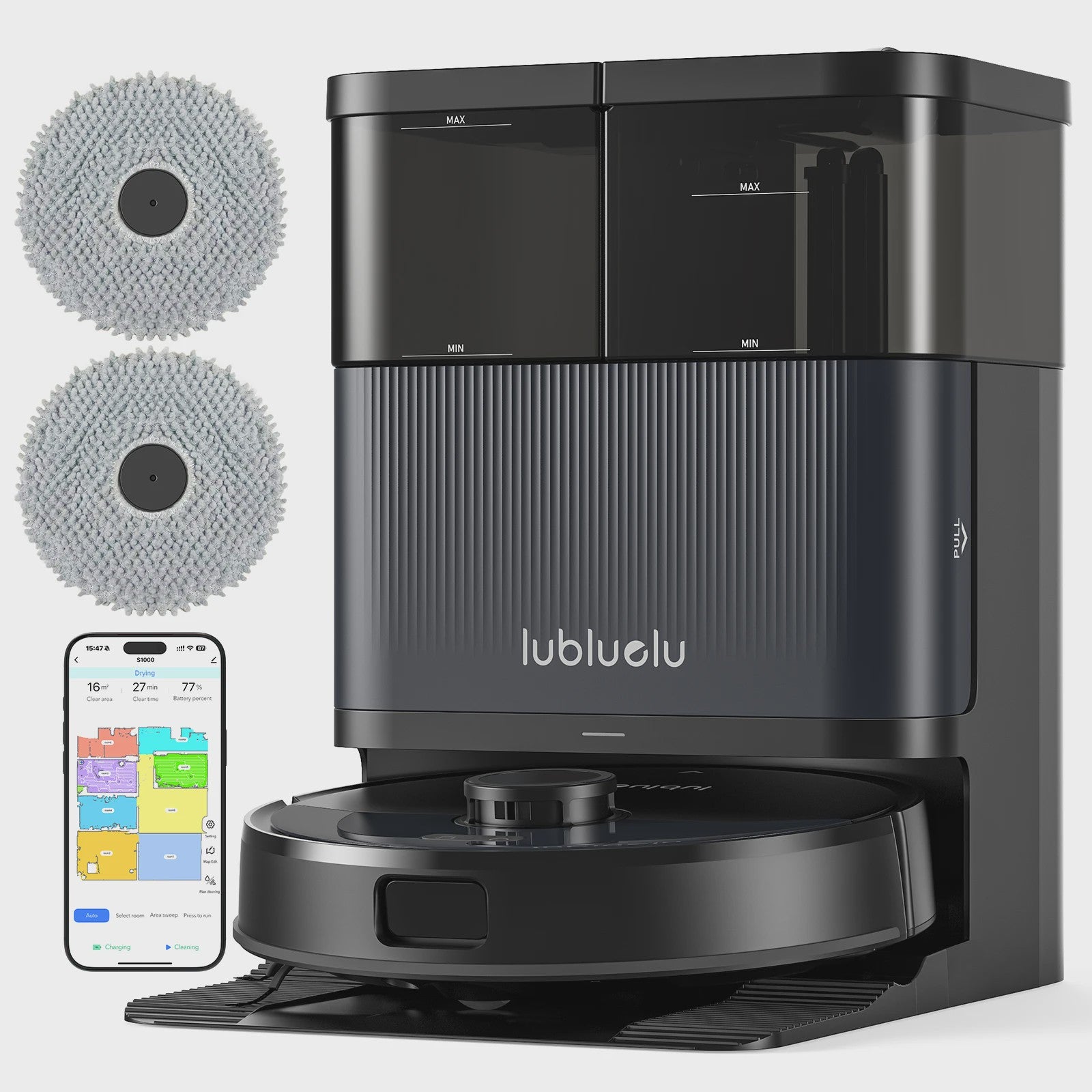 Lubluelu S1000 Robotstofzuiger met Zelfreinigende Basis: 11000Pa, 75℃ Warm Water Mop, Automatische Droging