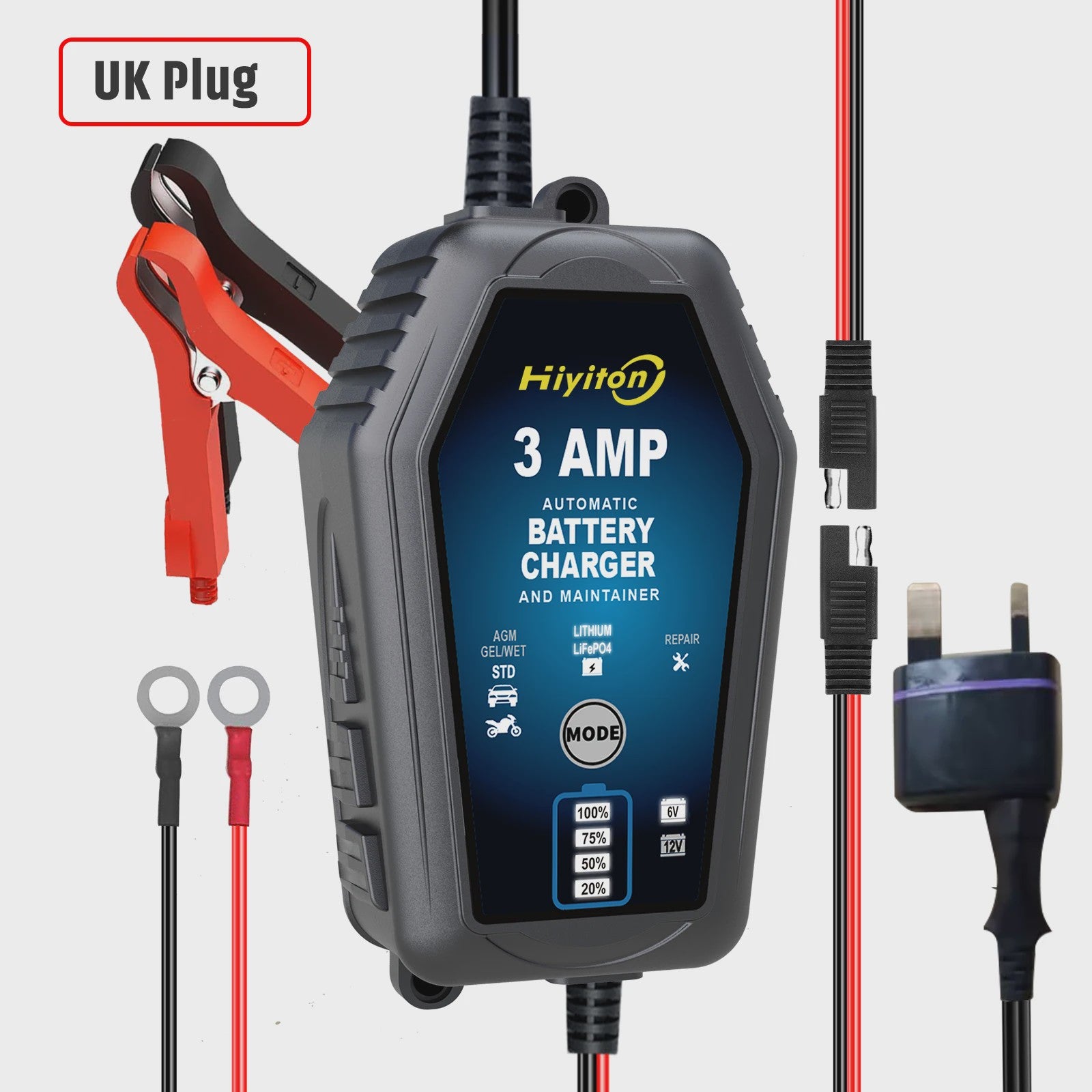 Slimme Acculader 6V/12V 3A voor Auto, Motor & Lithium Batterijen - Onderhoud & Reparatie