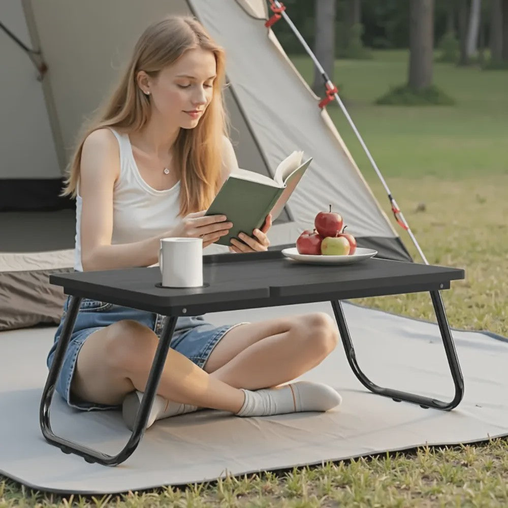 Multifunctionele Opklapbare Laptoptafel met Bekerhouder - Verstelbaar & Draagbaar Hout