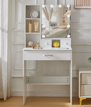 Witte Kaptafel met LED Verlichting & Spiegel - Compact Make-up Tafelmeubel voor Kleine Ruimtes