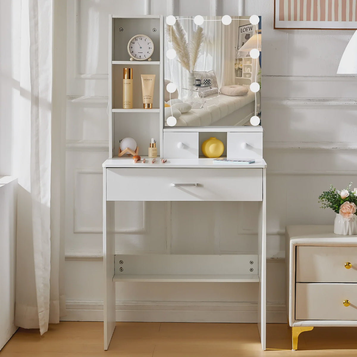 Witte Kaptafel met LED Verlichting & Spiegel - Compact Make-up Tafelmeubel voor Kleine Ruimtes