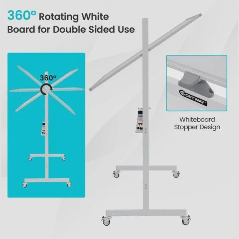 Verrijdbaar Dubbelzijdig Magnetisch Whiteboard 160-180cm Hoogte Verstelbaar met Wielen en Rem