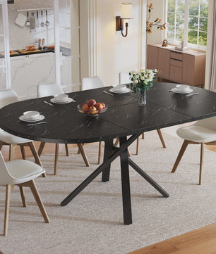 Uitschuifbare Ronde Eettafel met Marmerlook - 100-140cm - X-vormig Metaalframe