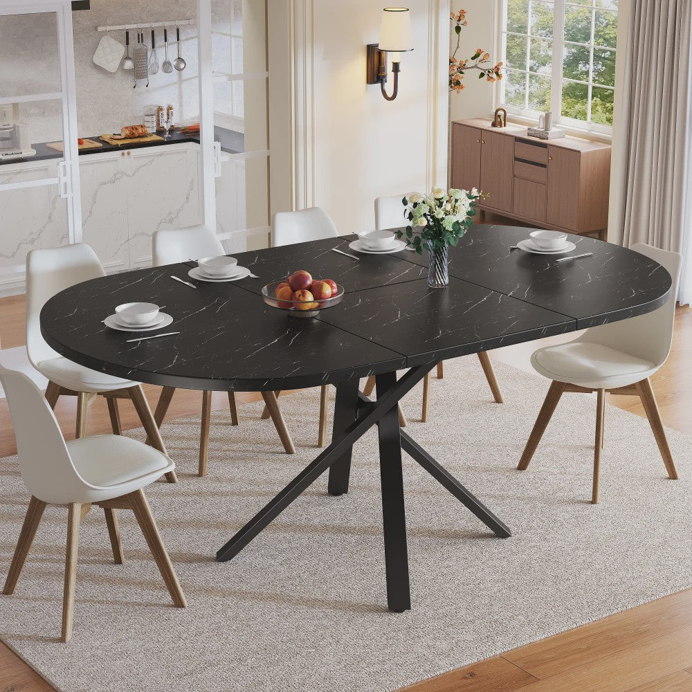 Uitschuifbare Ronde Eettafel met Marmerlook - 100-140cm - X-vormig Metaalframe