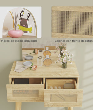 Moderne Kaptafel met Spiegel en Rotan Lades - Natuurlijk Houtkleurig