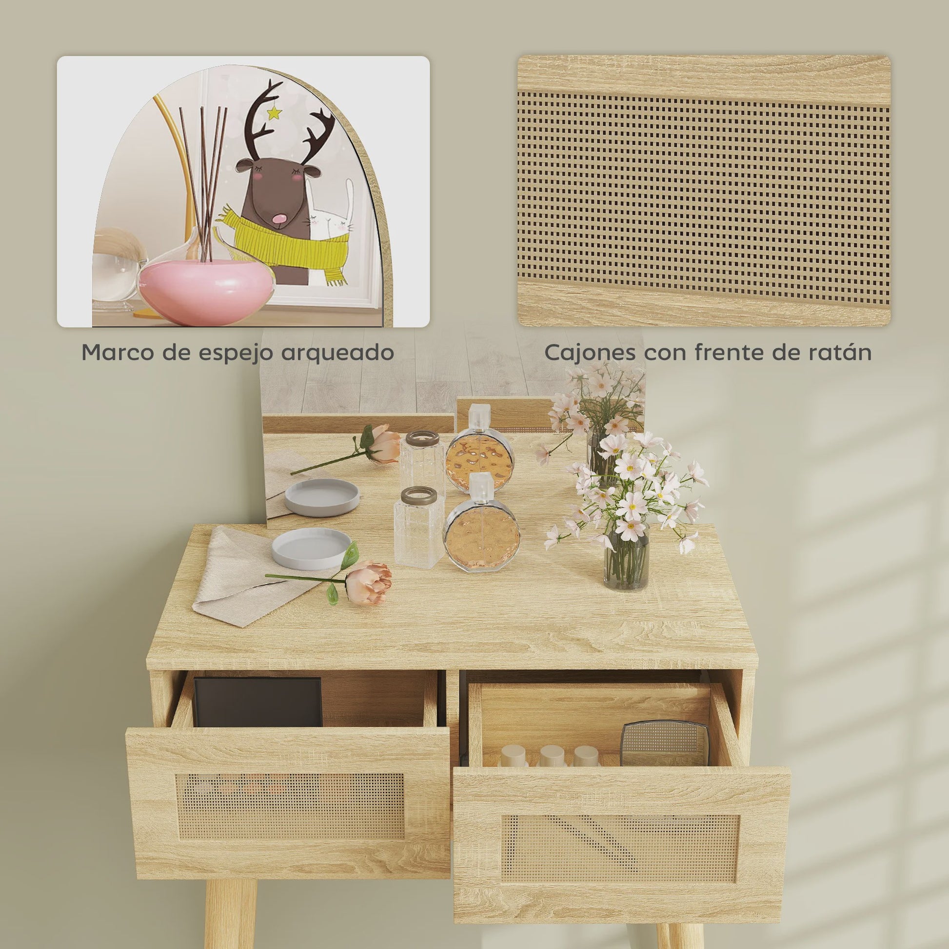 Moderne Kaptafel met Spiegel en Rotan Lades - Natuurlijk Houtkleurig