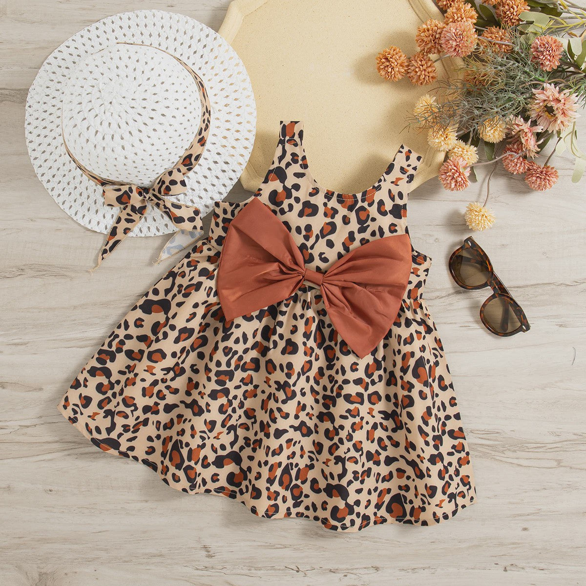 Zomerjurk Baby Meisje Luipaardprint met Strik en Mutsje - Katoen