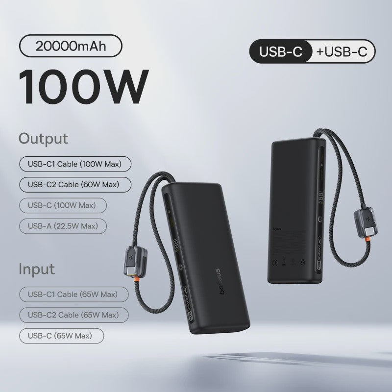 Baseus 145W Powerbank 25000mAh met Ingebouwde Type-C Kabels - Snel Laden voor Laptop, Tablet & Smartphone