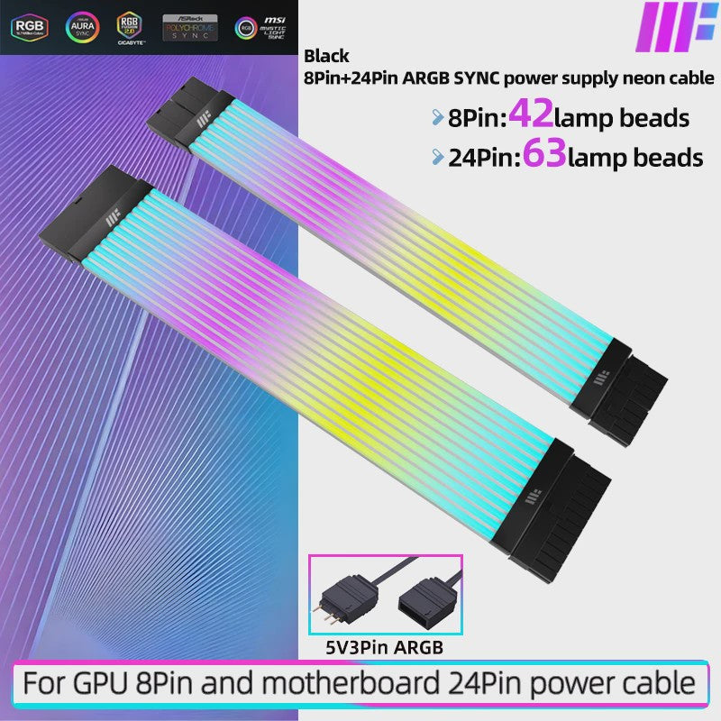 Verlichte ARGB Voedingskabel Extensie voor PC Moederbord & GPU - Sync/Async