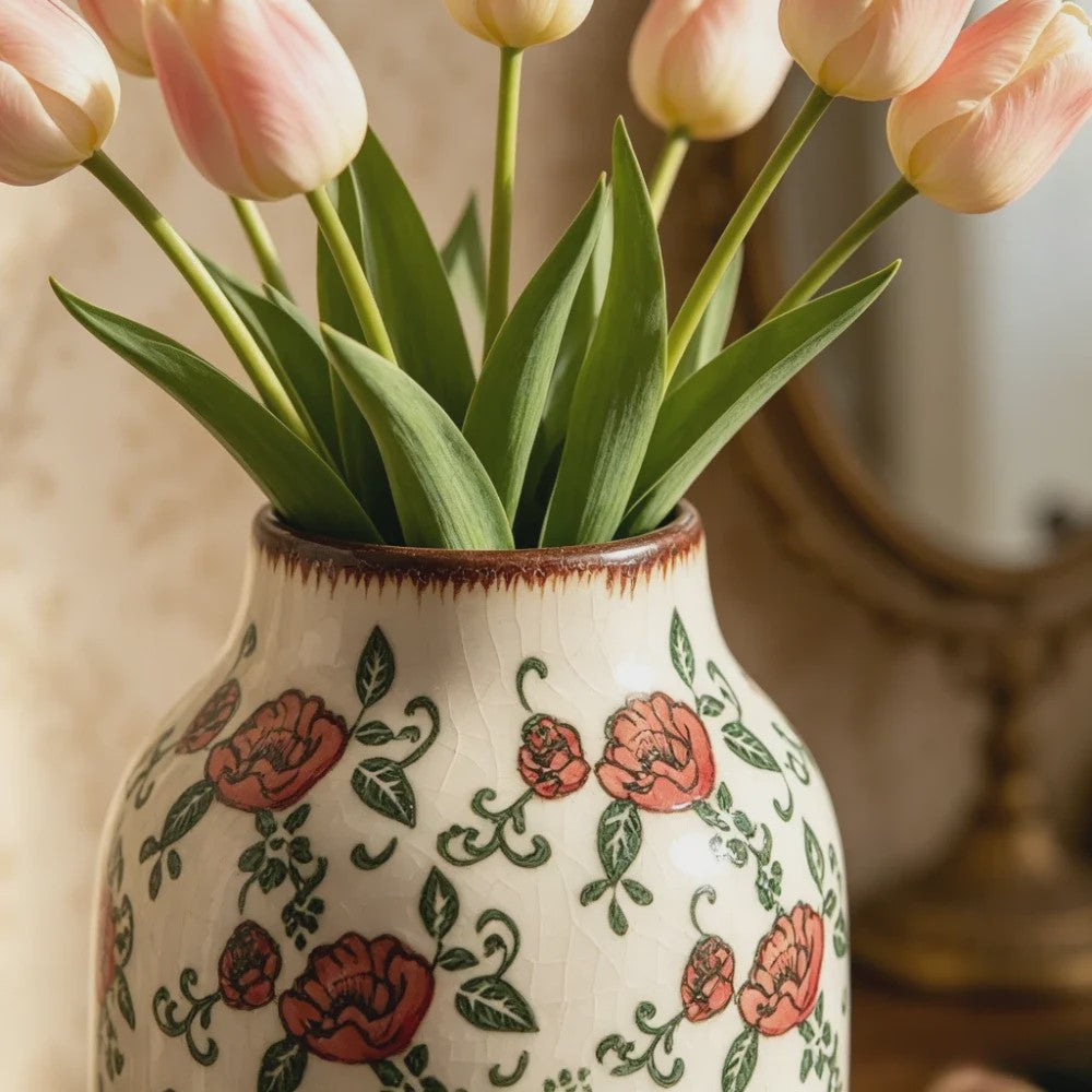 Handgemaakte Keramische Vaas met Vintage Chinese Bloemenprint - Decoratief Porselein