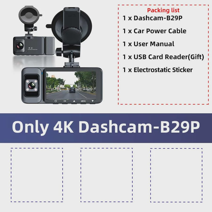 4K 3-Kanaals Dashcam met Infrarood Interne Camera, WIFI, GPS & Parkeermodus - 3'' LCD