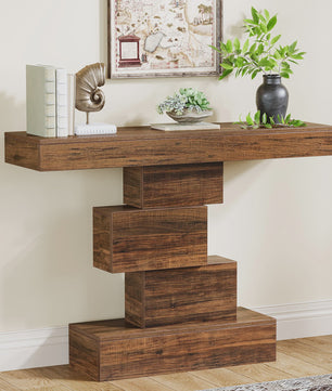 Rustieke Houten Console Tafel 108cm - Slimme Banktafel voor Hal of Entree met Geometrische Basis