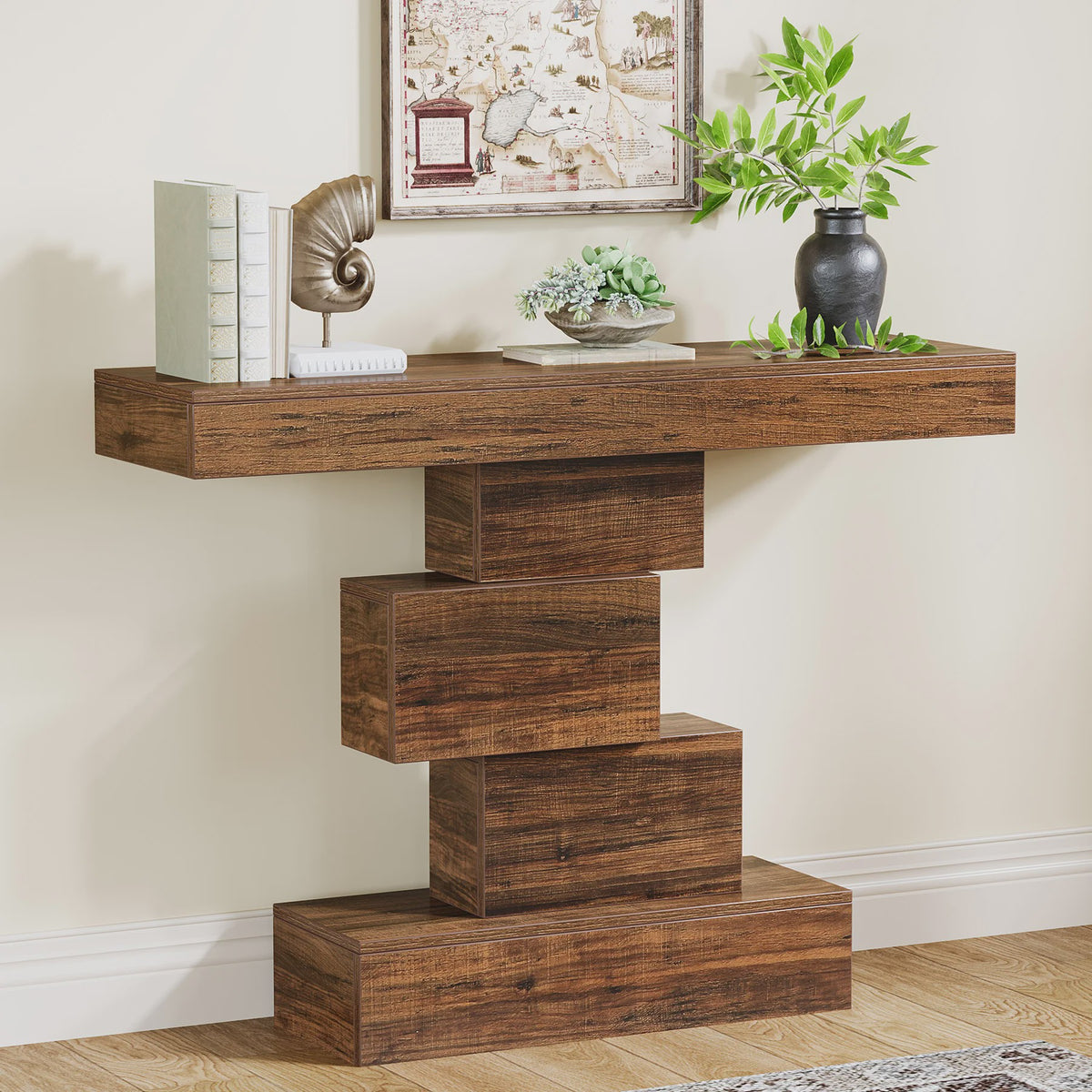 Rustieke Houten Console Tafel 108cm - Slimme Banktafel voor Hal of Entree met Geometrische Basis